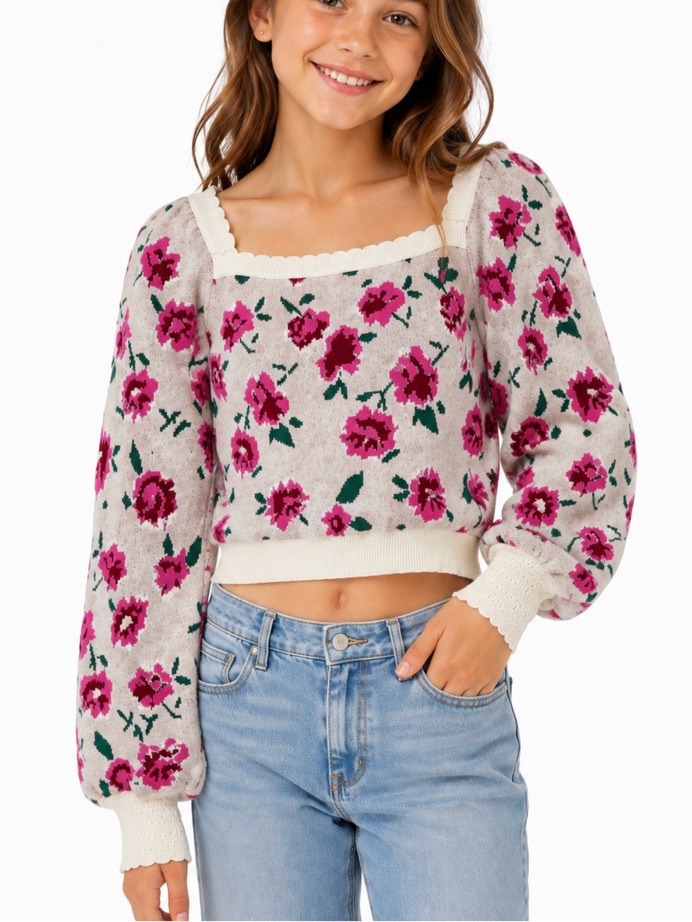 Willow & Wind Floral Cropped Sweater M Pink Rose Square Neck Puff Sleeve